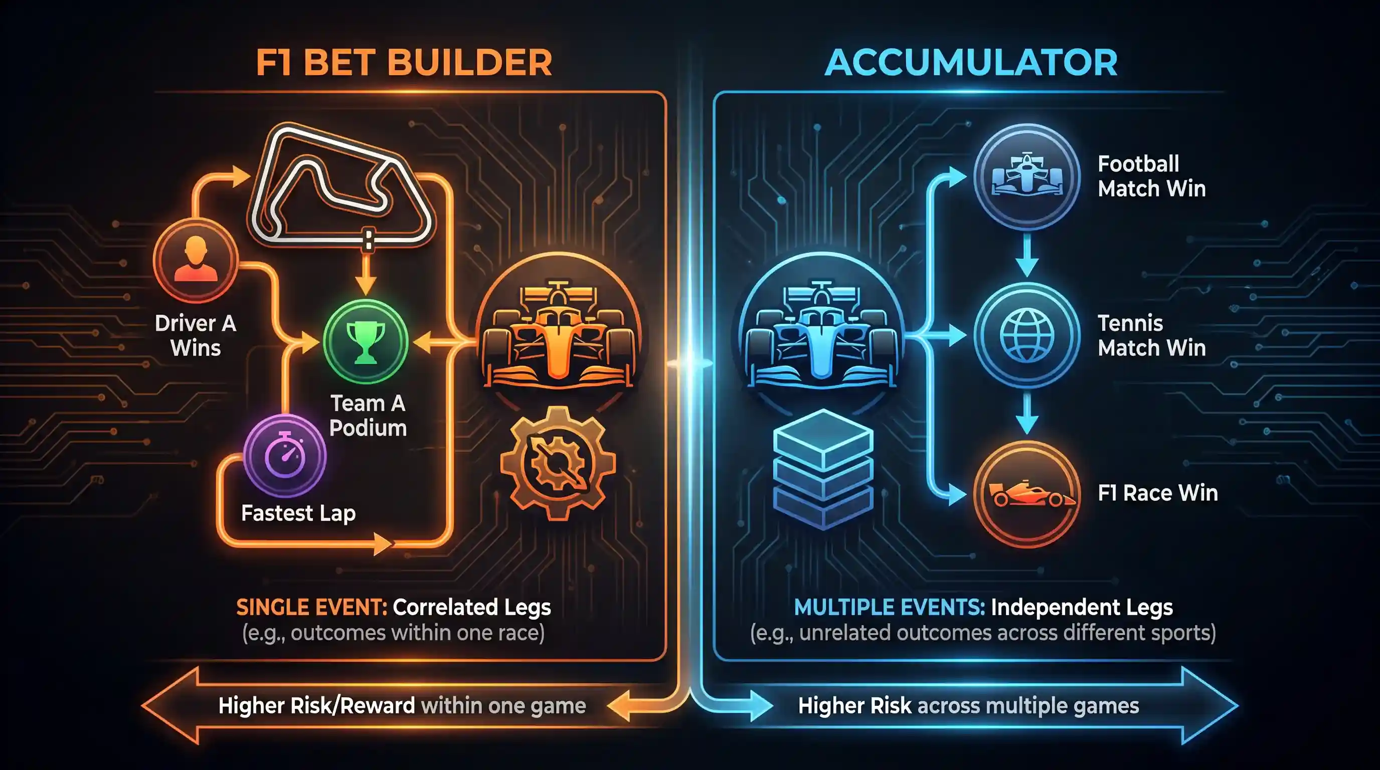 Side-by-side comparison of F1 bet builder single-event combinations versus multi-event accumulator structure