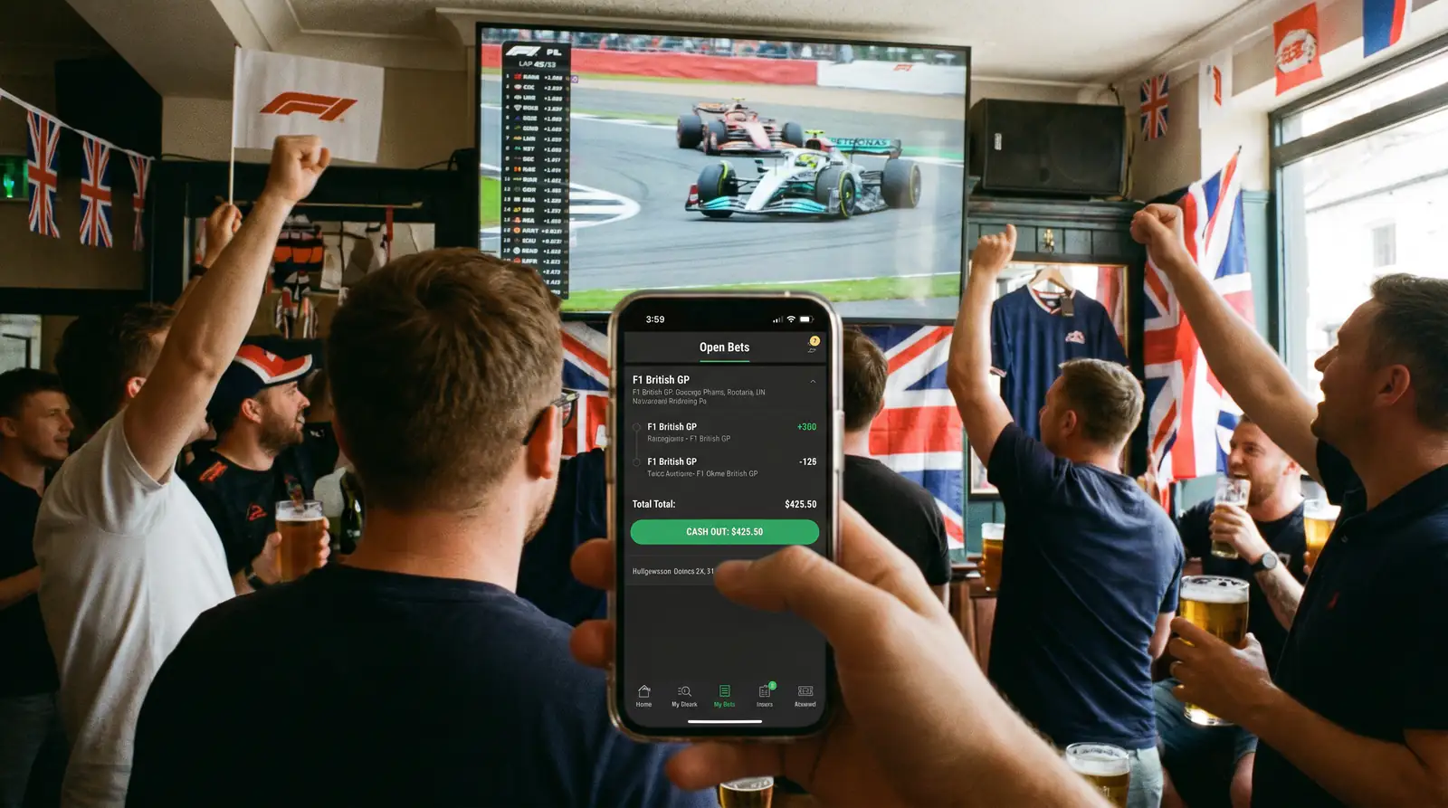 Open F1 bet tracking screen with live cash-out valuation during active Grand Prix race