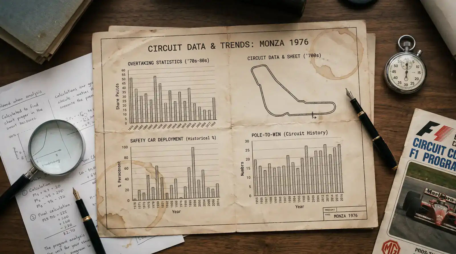 Historical F1 circuit data showing overtaking rates safety car frequency and qualifying conversion statistics