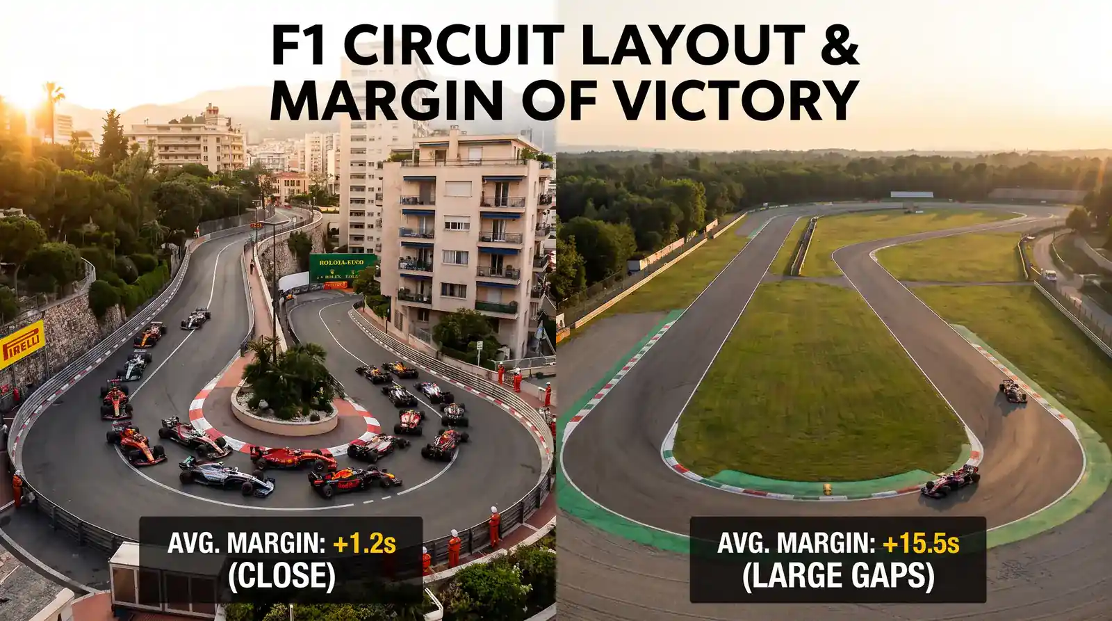 F1 circuit-by-circuit historical winning margin data showing which tracks produce close or dominant finishes