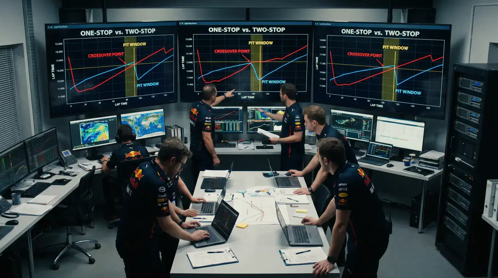 F1 lap time chart showing performance crossover point between tyre compounds predicting strategy switch