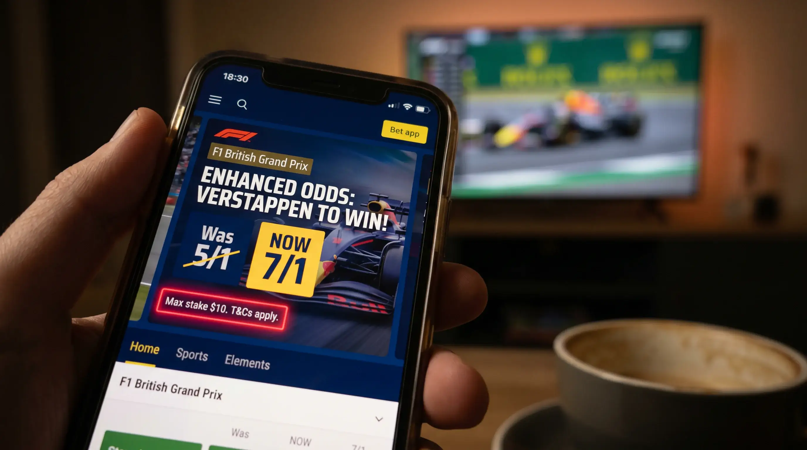 F1 race winner enhanced odds showing boosted price with maximum stake cap limiting actual value