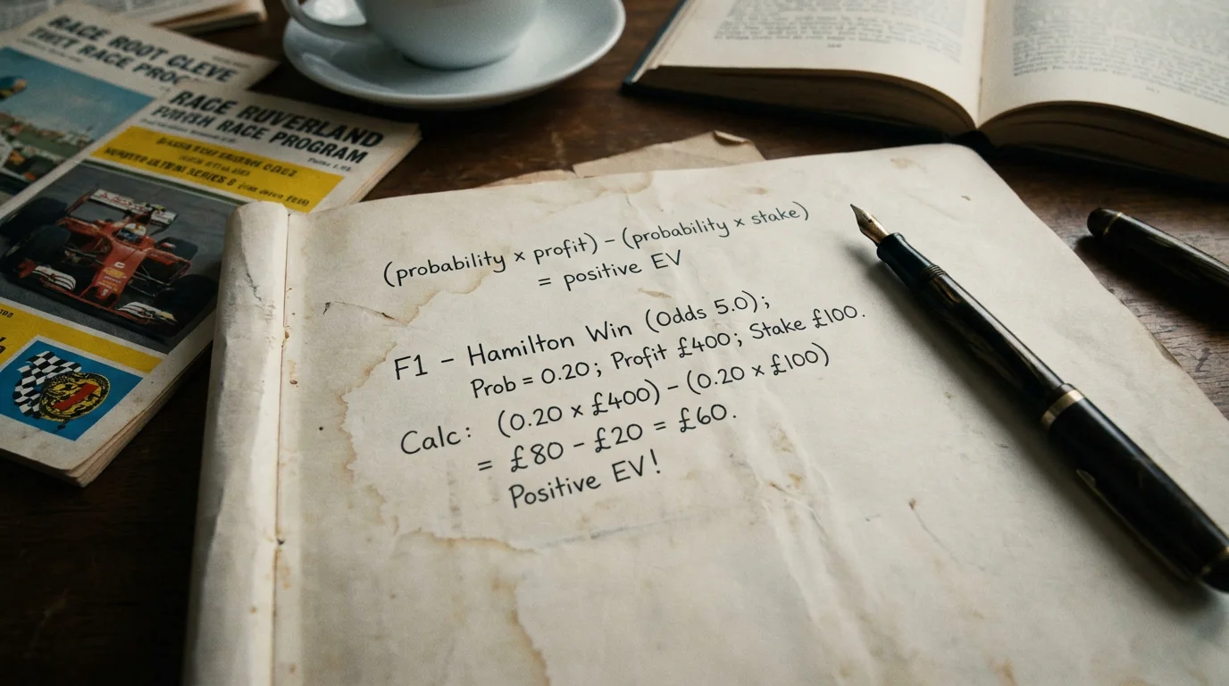 Expected value calculation for F1 bet showing probability times profit minus probability times stake formula