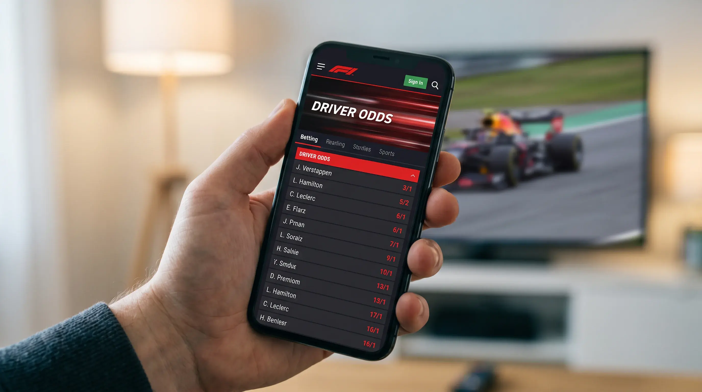 Smartphone screen showing multiple F1 betting markets for a Grand Prix race weekend