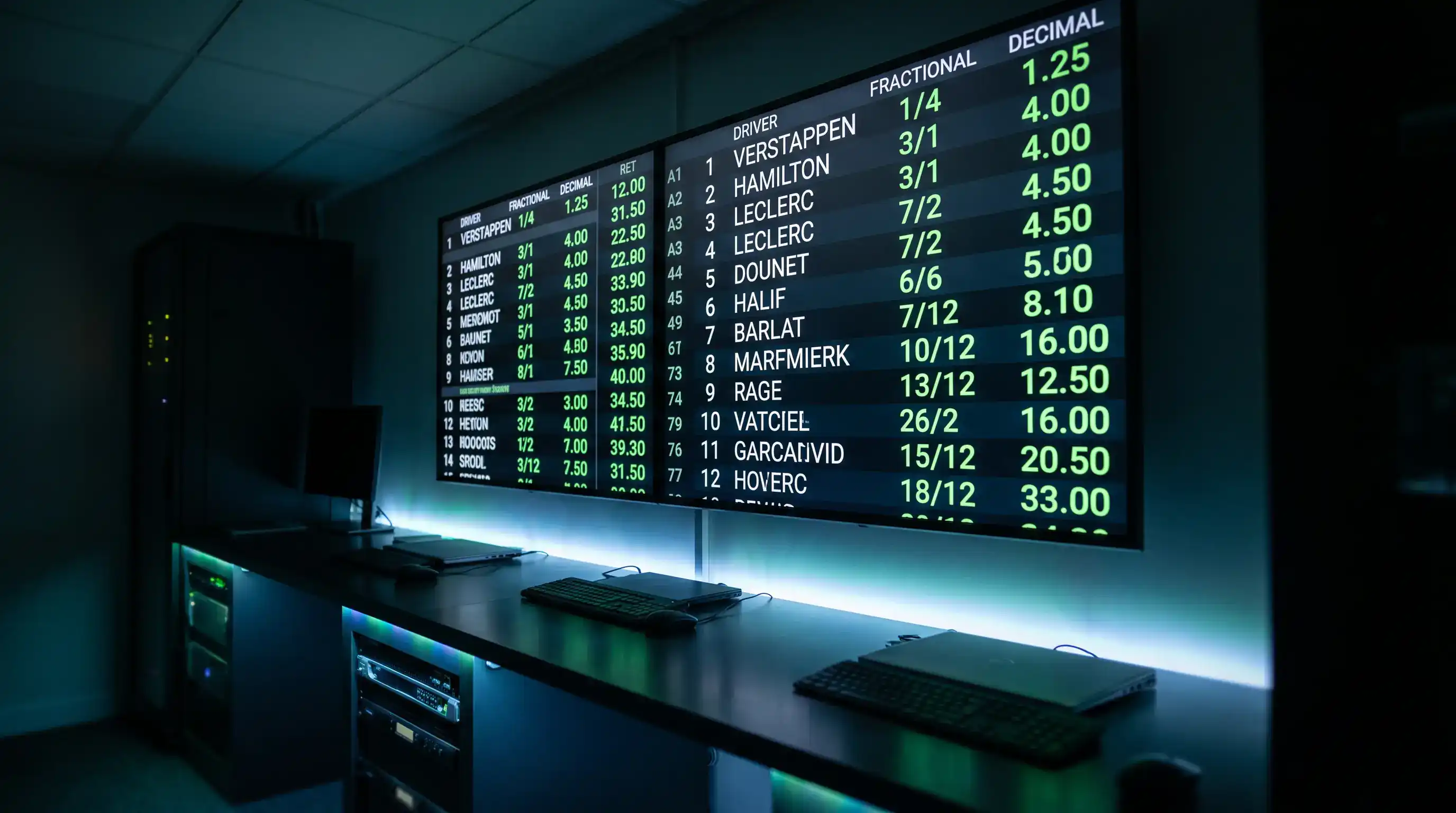 F1 betting odds explained with fractional and decimal formats displayed on a screen