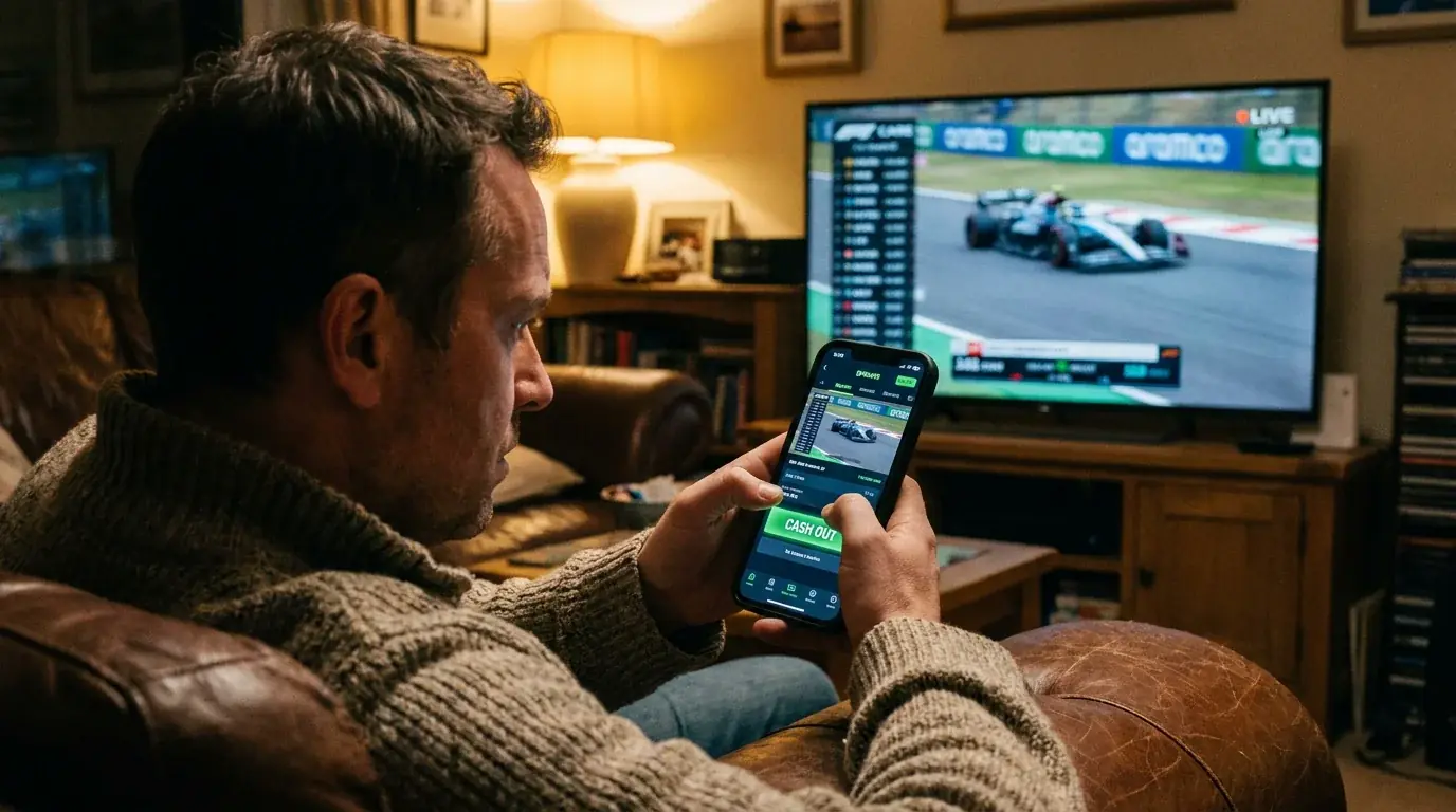 Punter reviewing cash-out option on mobile during F1 Grand Prix