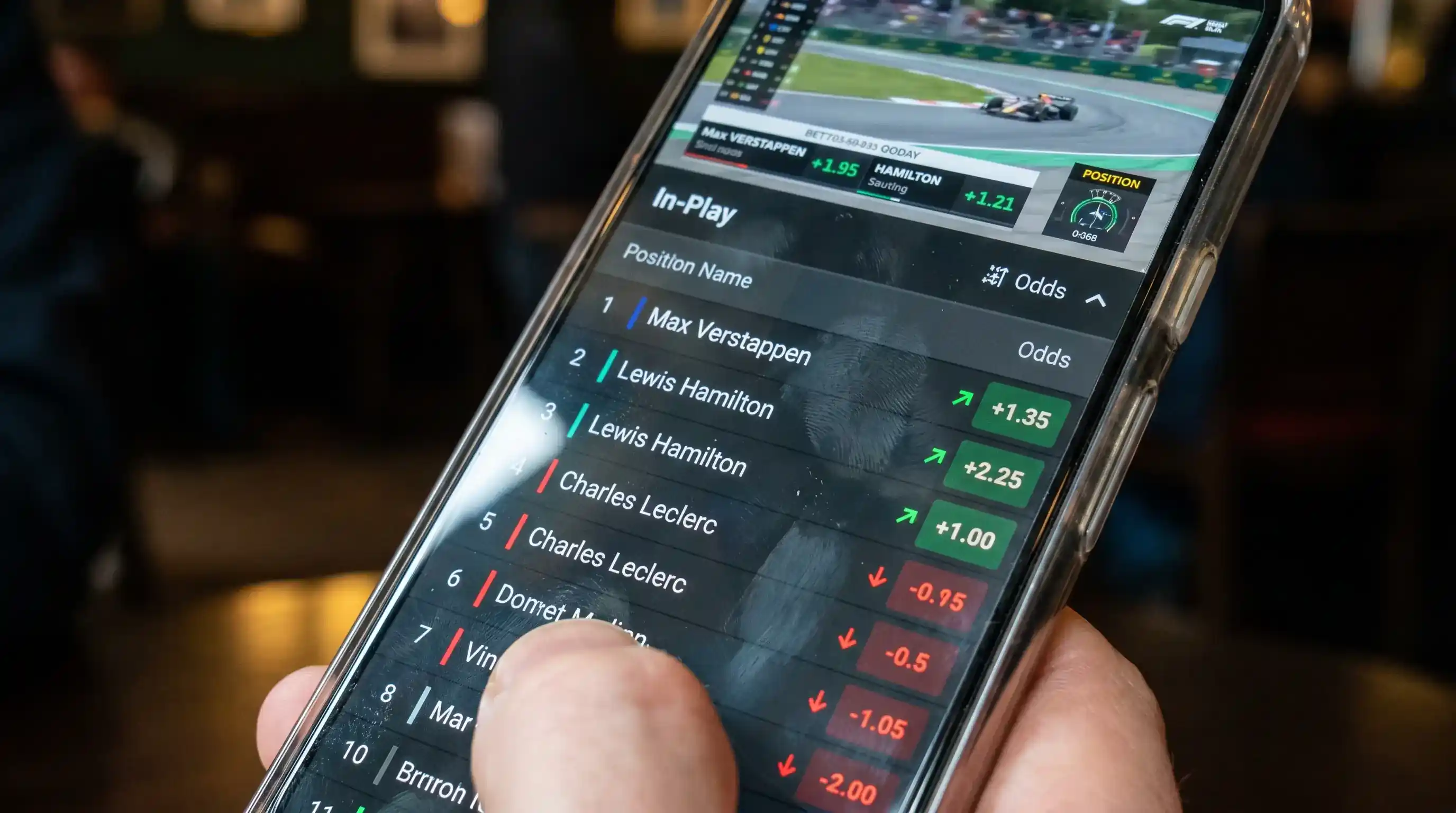 Mobile screen showing F1 in-play betting odds updating lap by lap