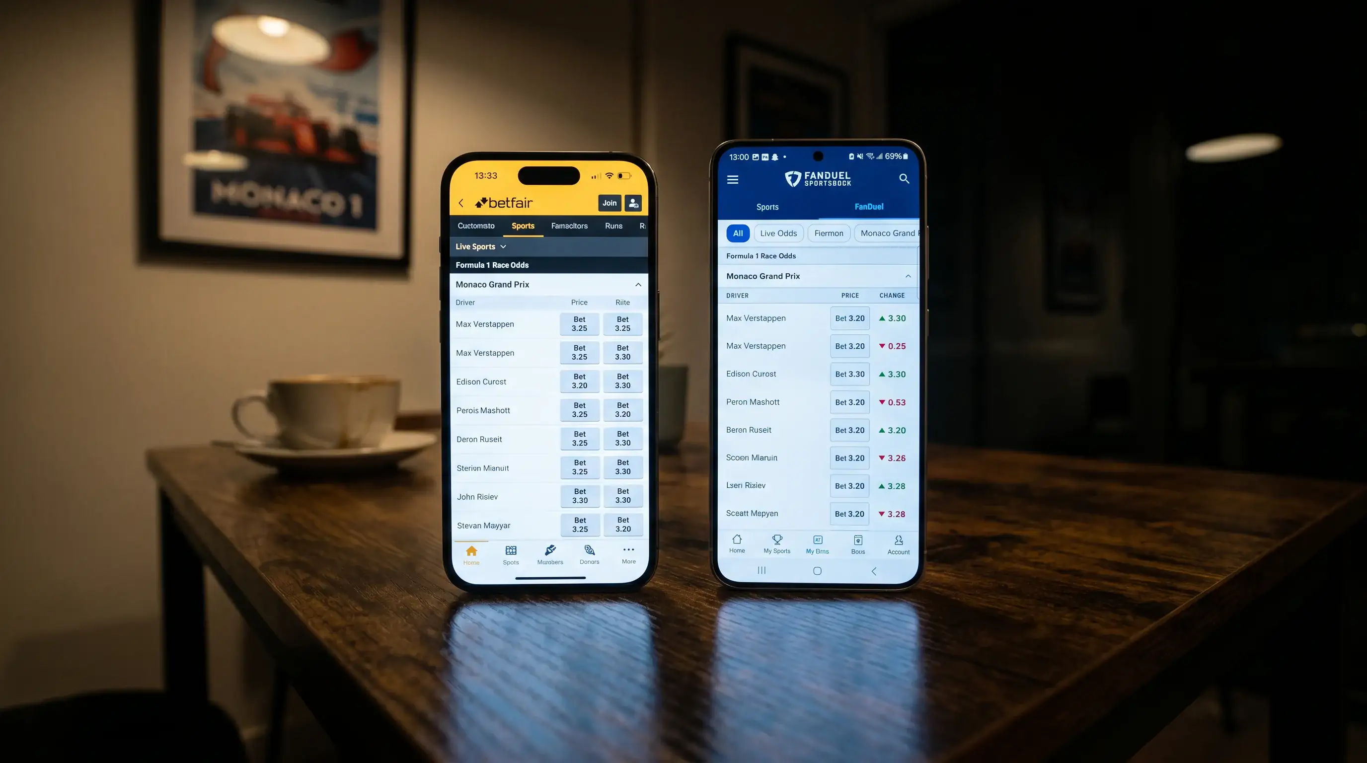 Two mobile phones side by side comparing F1 live odds update speed