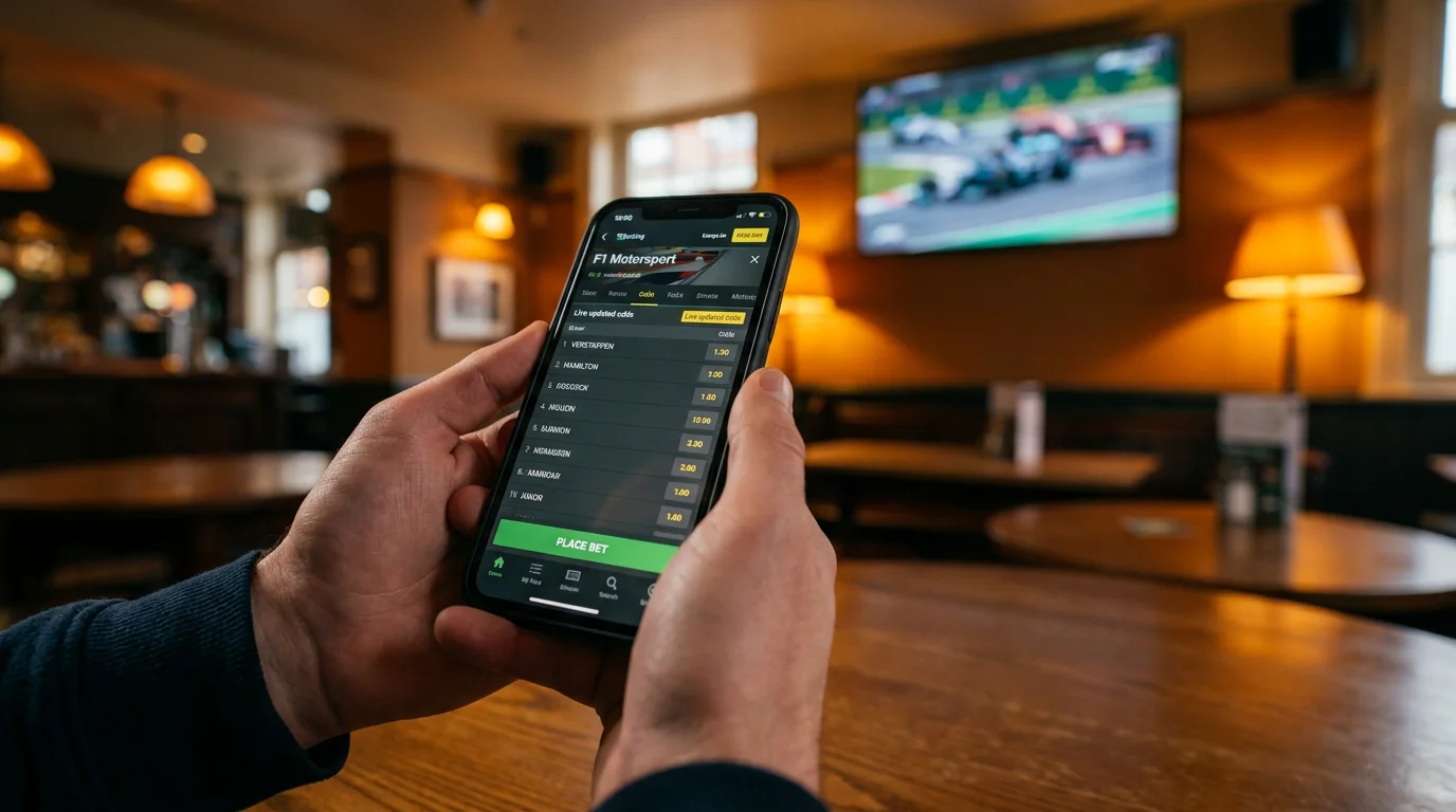 Punter using mobile betting app during F1 race day for in-play wagers