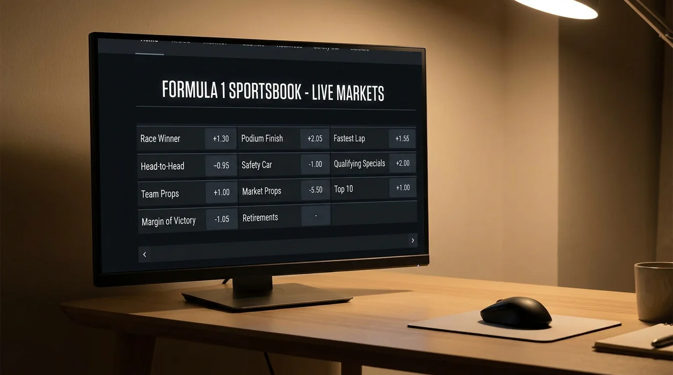 Sportsbook F1 section showing deep motorsport market selection