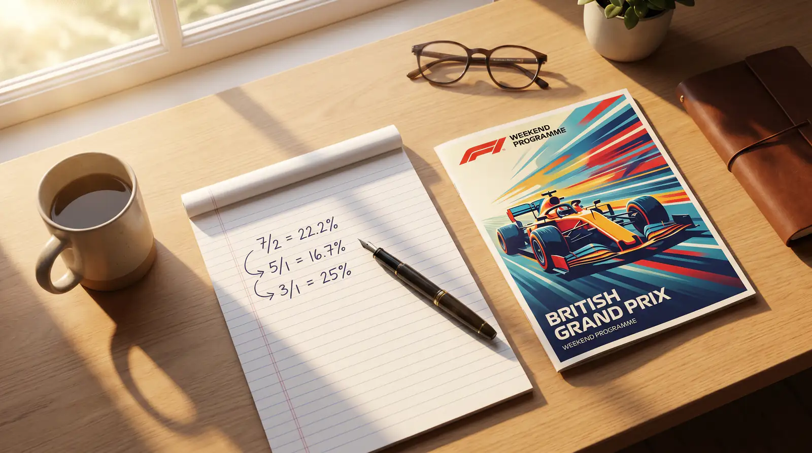 Notepad with fractional and decimal odds conversions alongside an F1 race programme