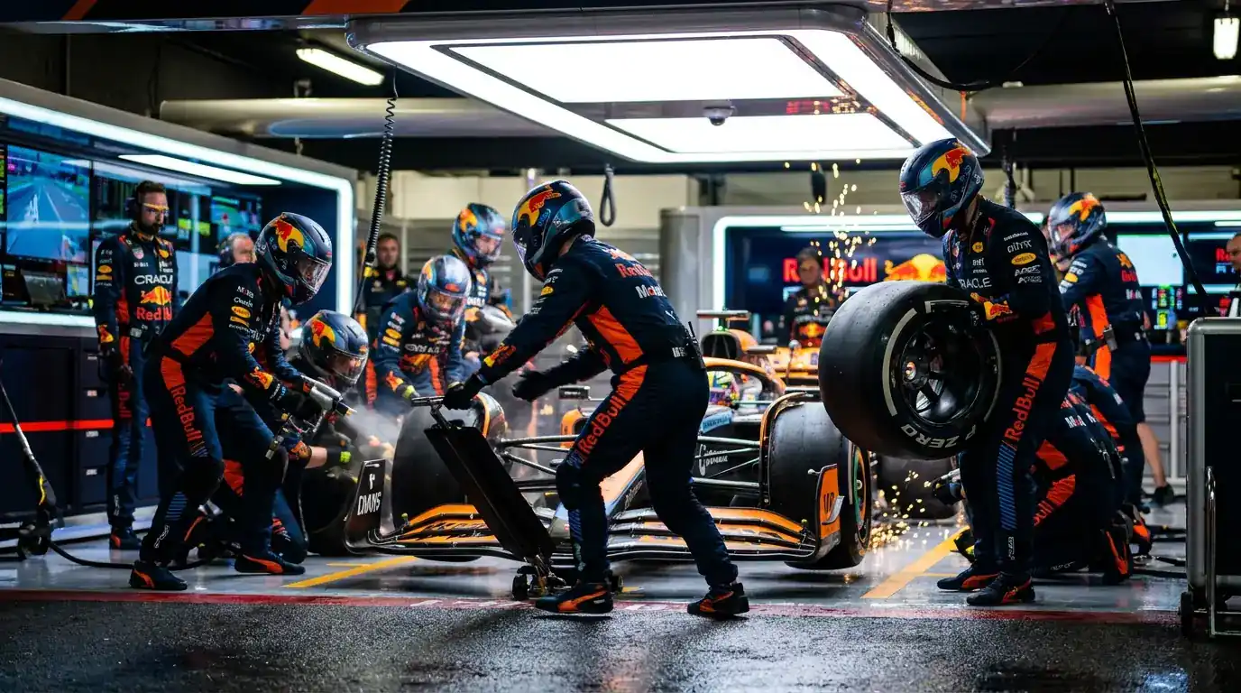 F1 pit stop crew performing tyre change during pit window strategy phase