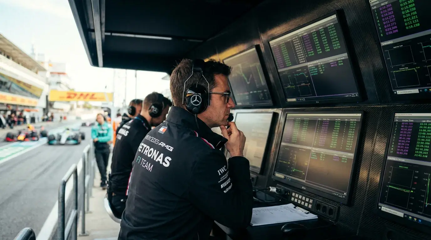 F1 team engineer reviewing practice session lap time data on monitors
