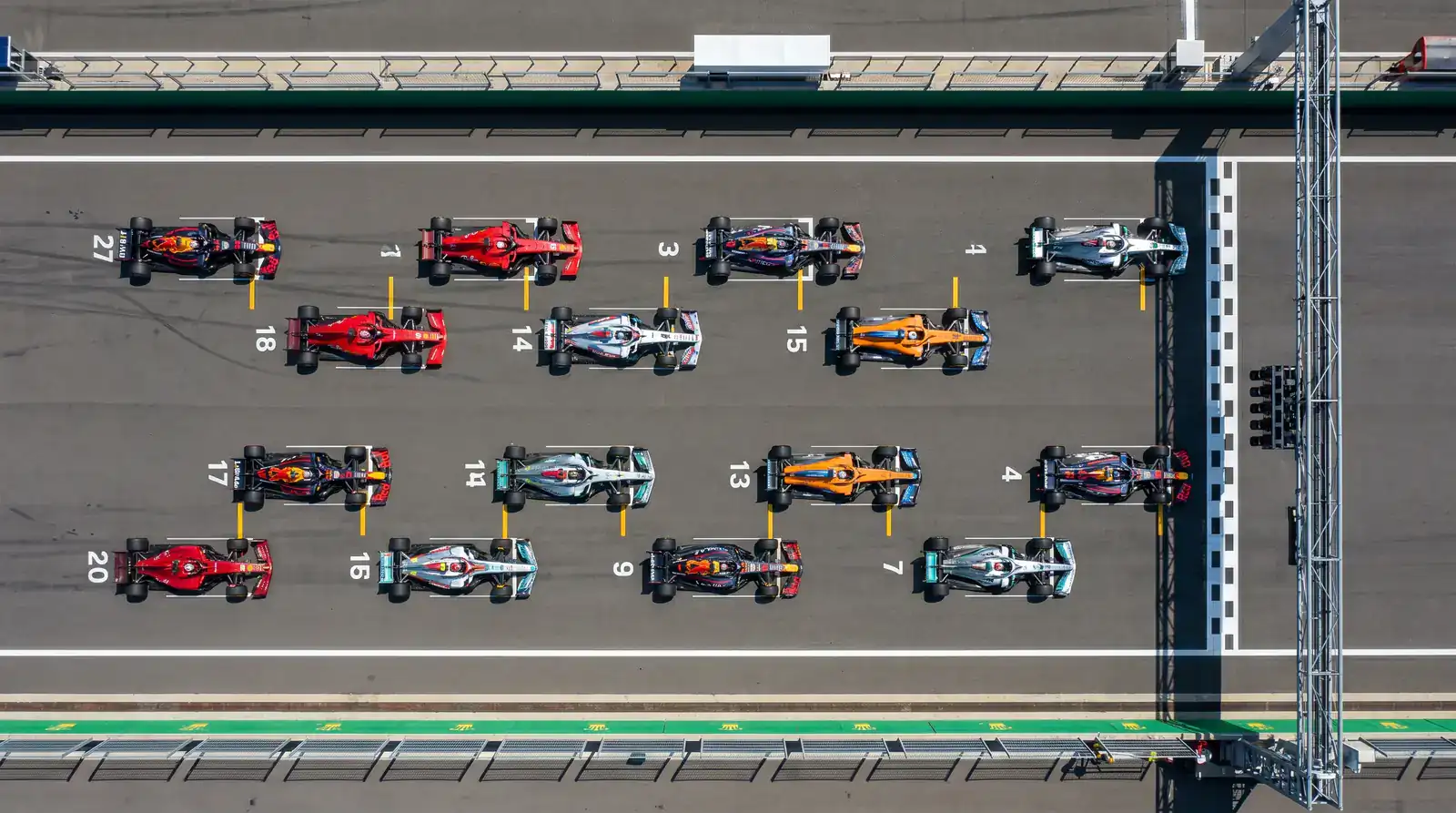 F1 starting grid positions lined up before race start for qualifying analysis