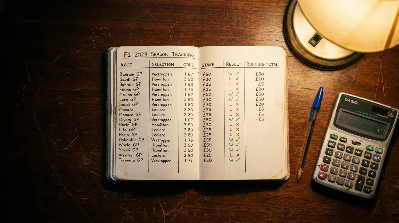 Notebook with F1 season betting record tracking performance over races