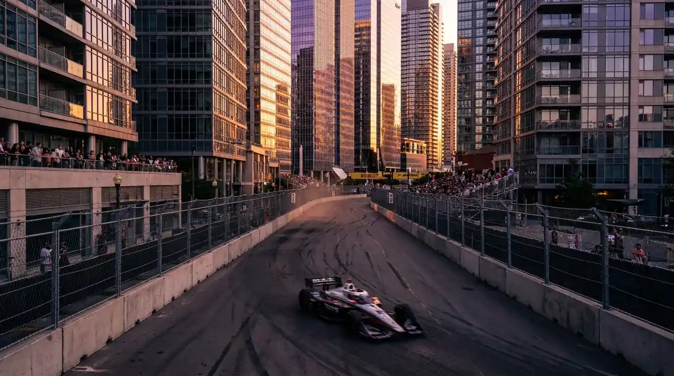 Aerial view of F1 street circuit with tight corners and barriers