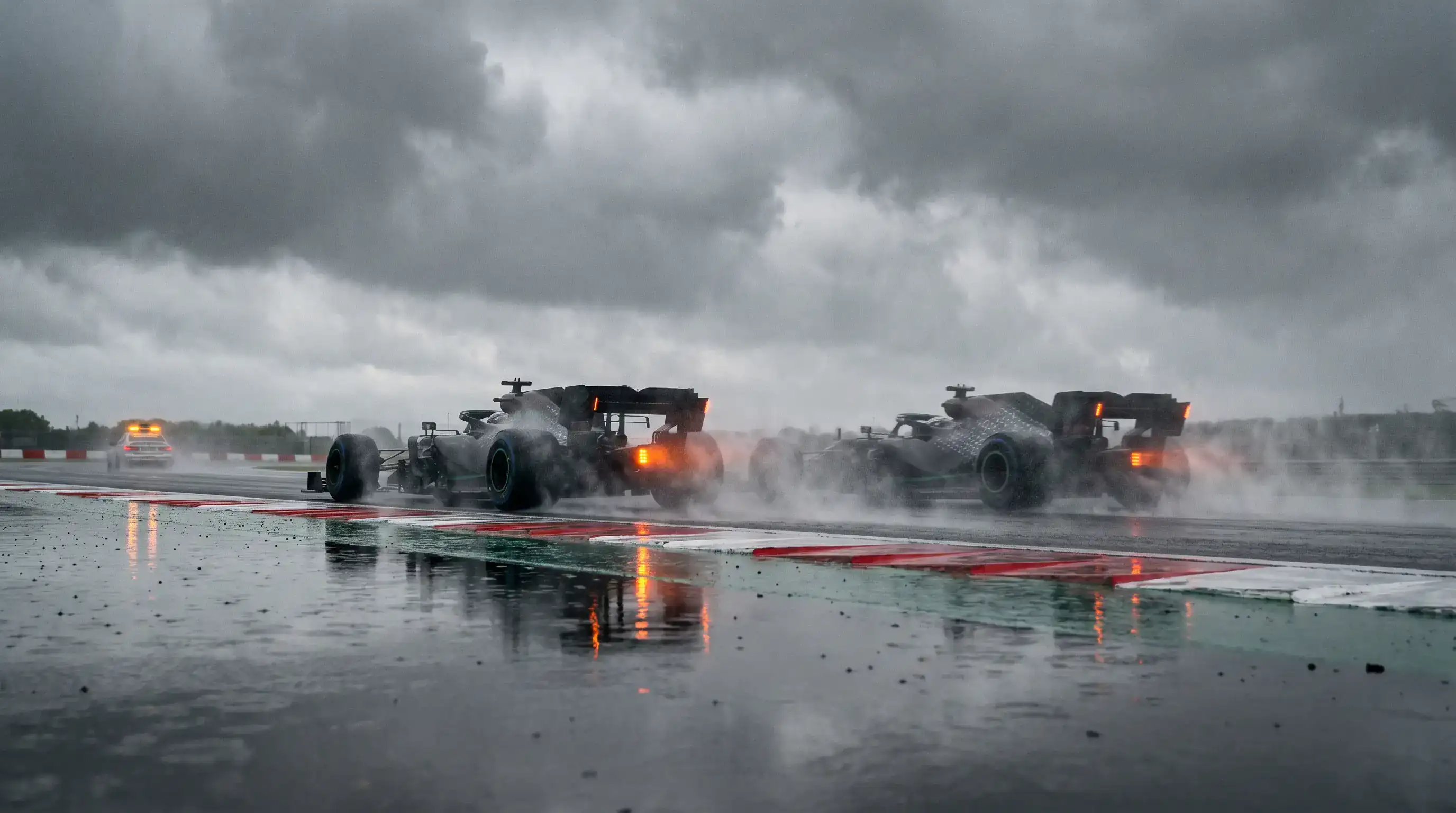 Formula 1 cars racing on a wet track with spray during a rain-affected Grand Prix