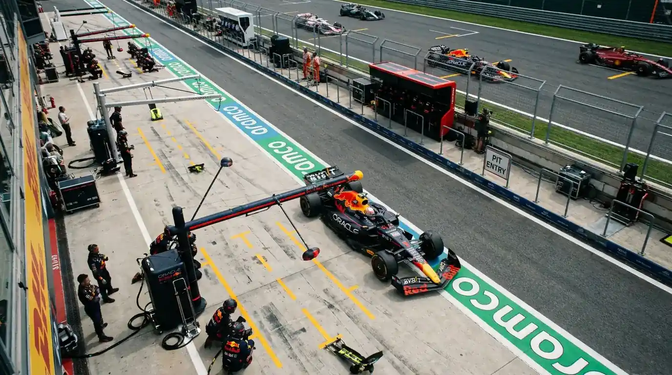 F1 pit lane entry showing first driver making scheduled tyre change for first-to-pit betting market