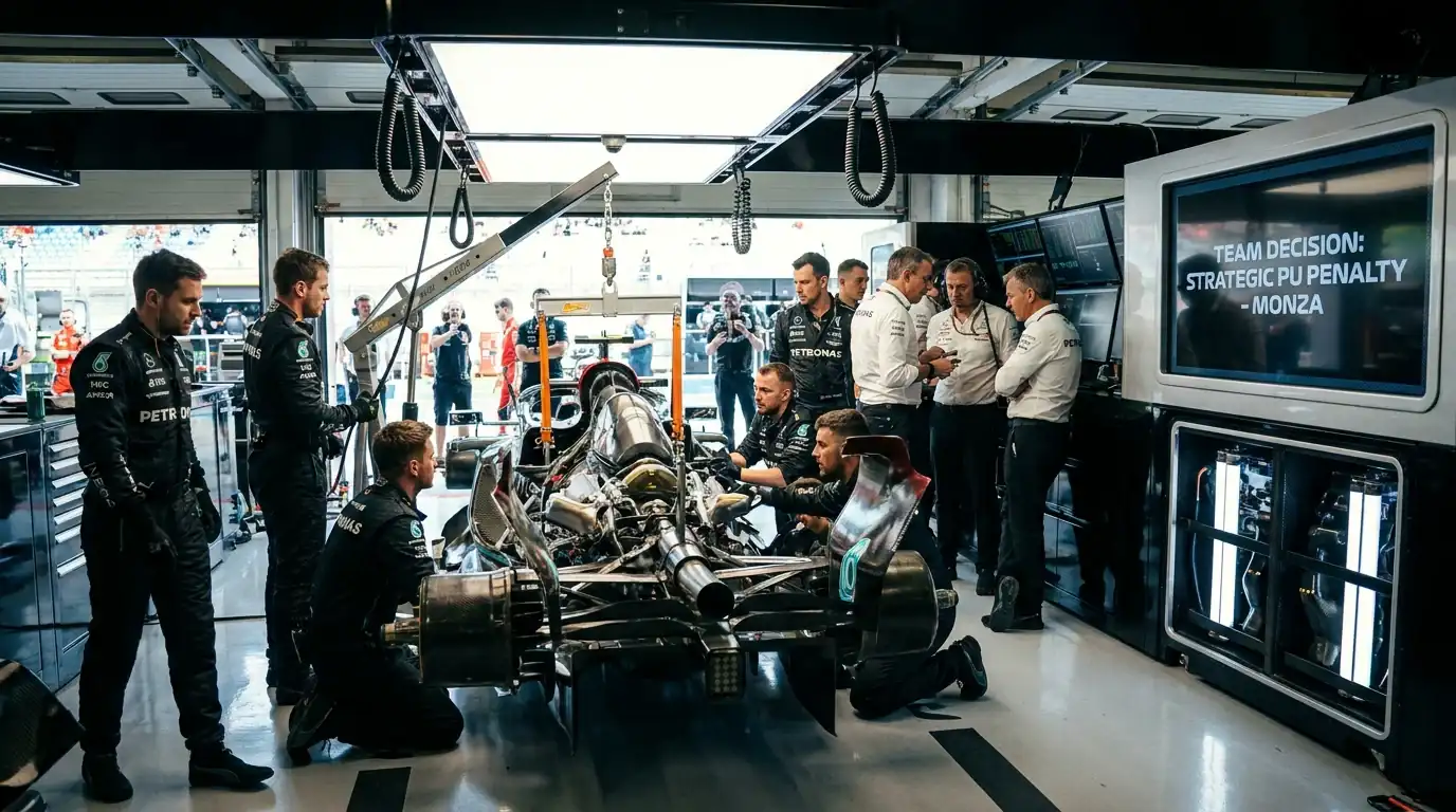 F1 car overtaking through field at high-overtaking circuit after grid penalty showing recovery potential