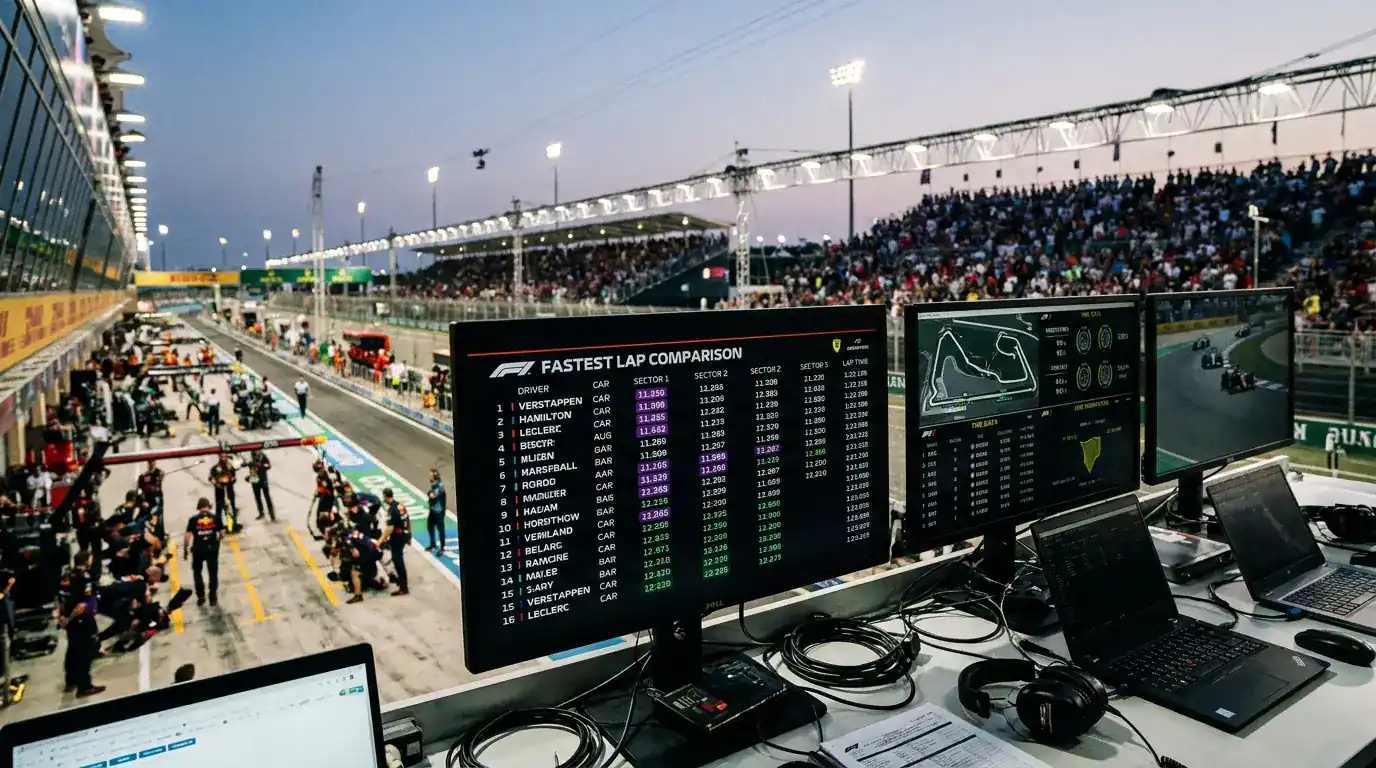 F1 race gap analysis showing driver with safe margin for penalty-free pit stop to chase fastest lap