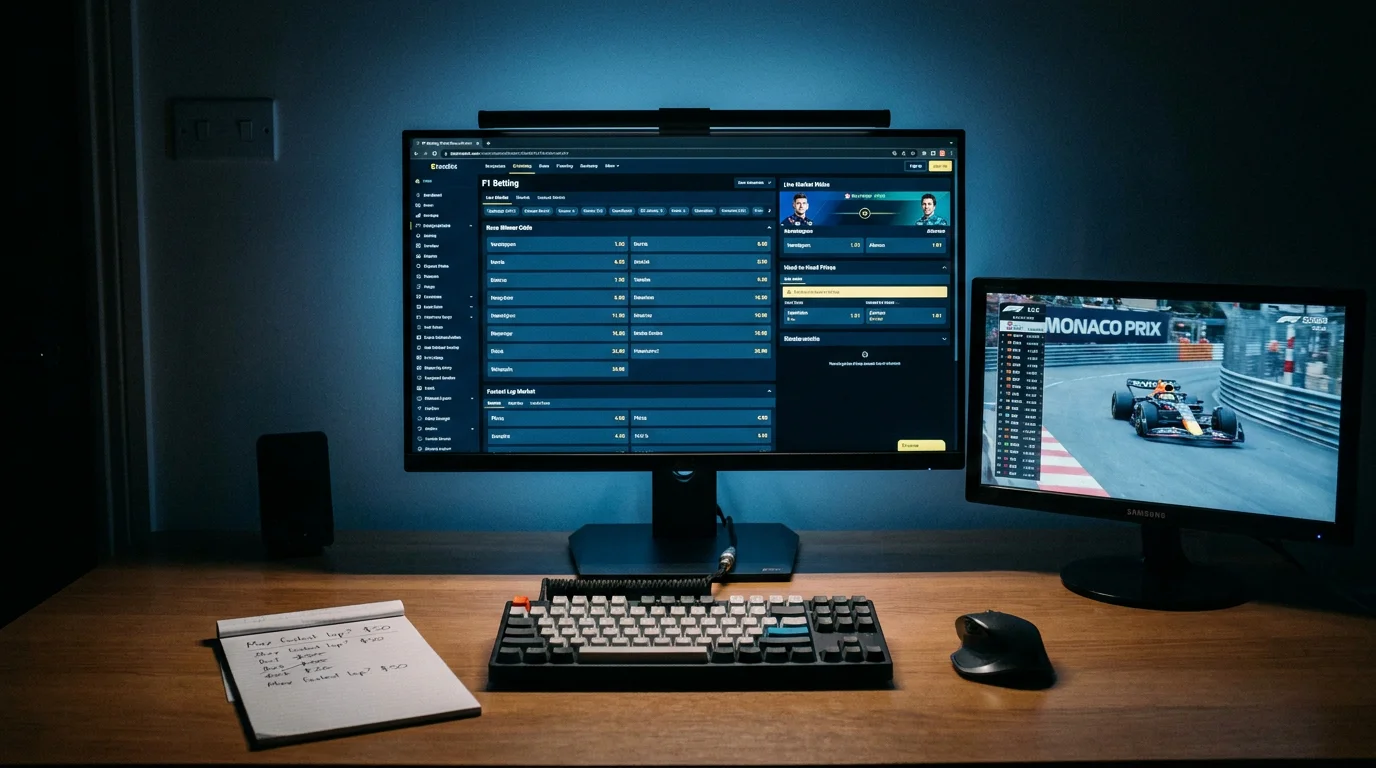 Sportsbook interface displaying live F1 markets open during a race