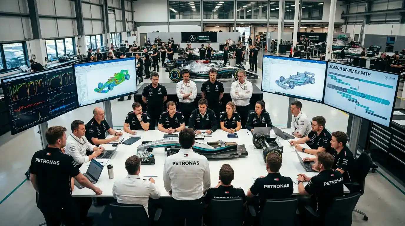 F1 car with visible aerodynamic upgrades showing mid-season development shifting constructor market position