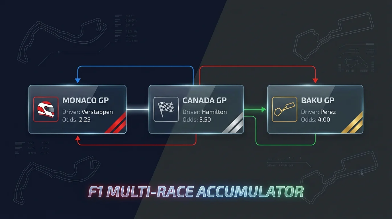 Structured multi-race F1 accumulator showing selections across different Grand Prix weekends