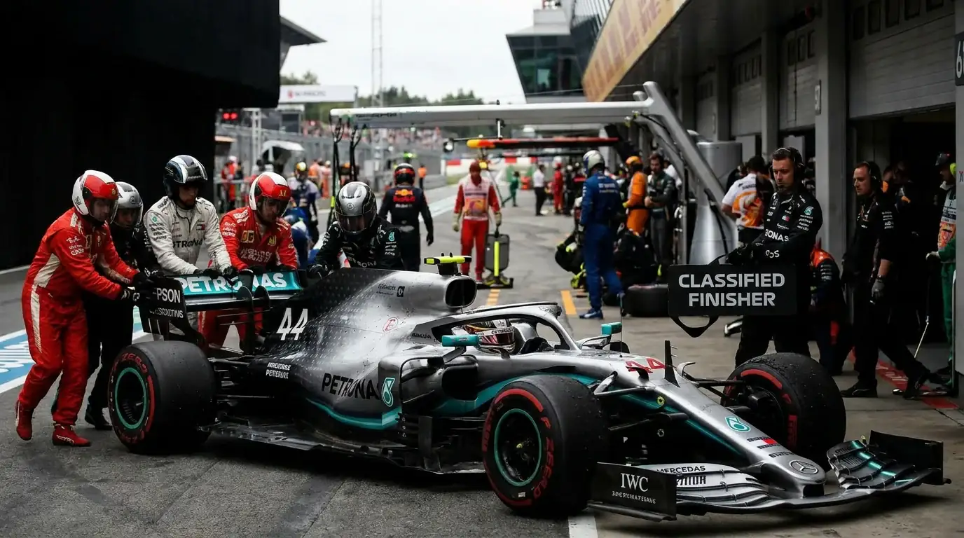 F1 technical inspection showing post-race disqualification process affecting retirement bet settlement