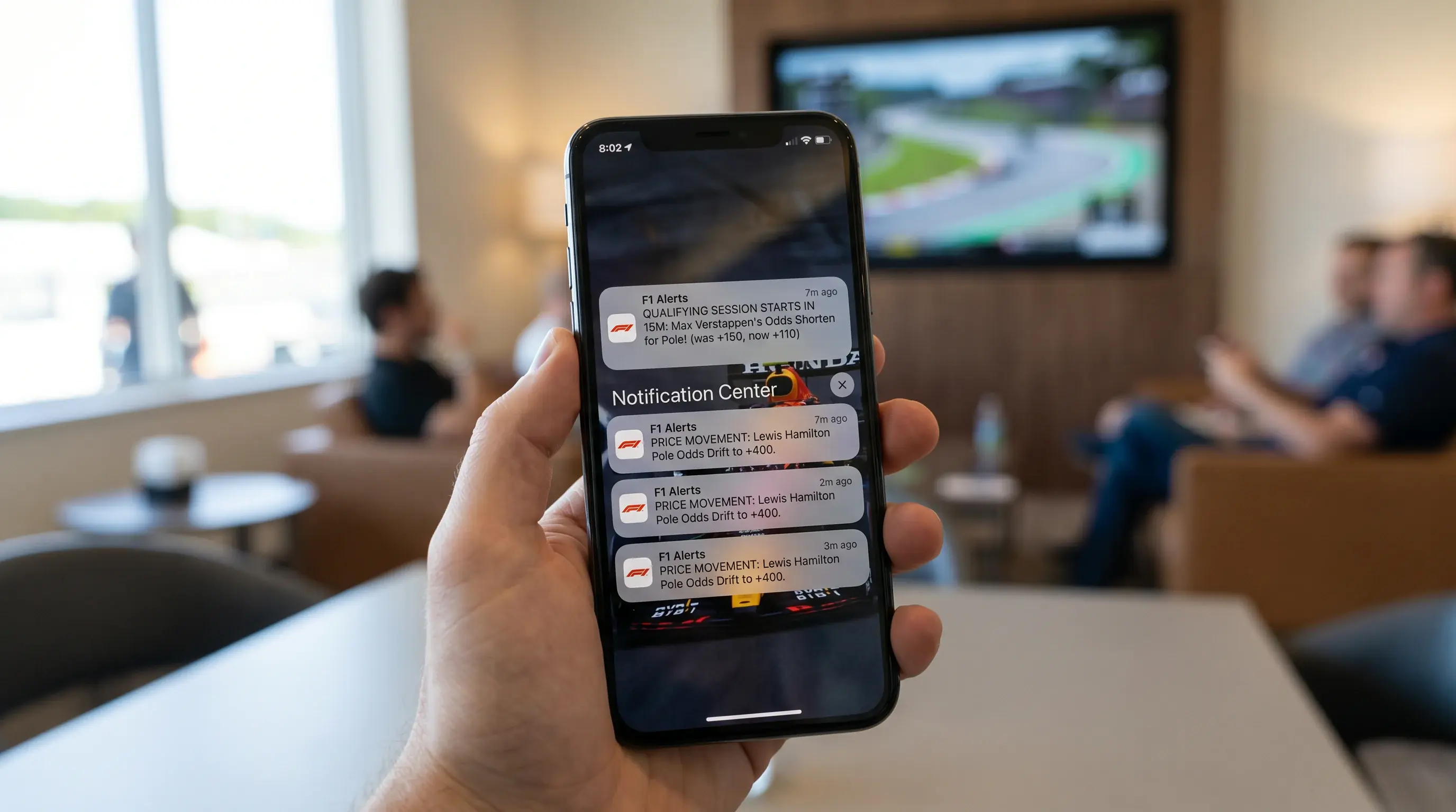 Push notification on mobile phone alerting F1 odds shift before qualifying session begins