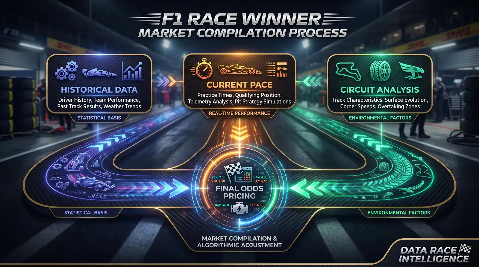 F1 race winner market showing how bookmaker compiles full-field odds using pace data and circuit history