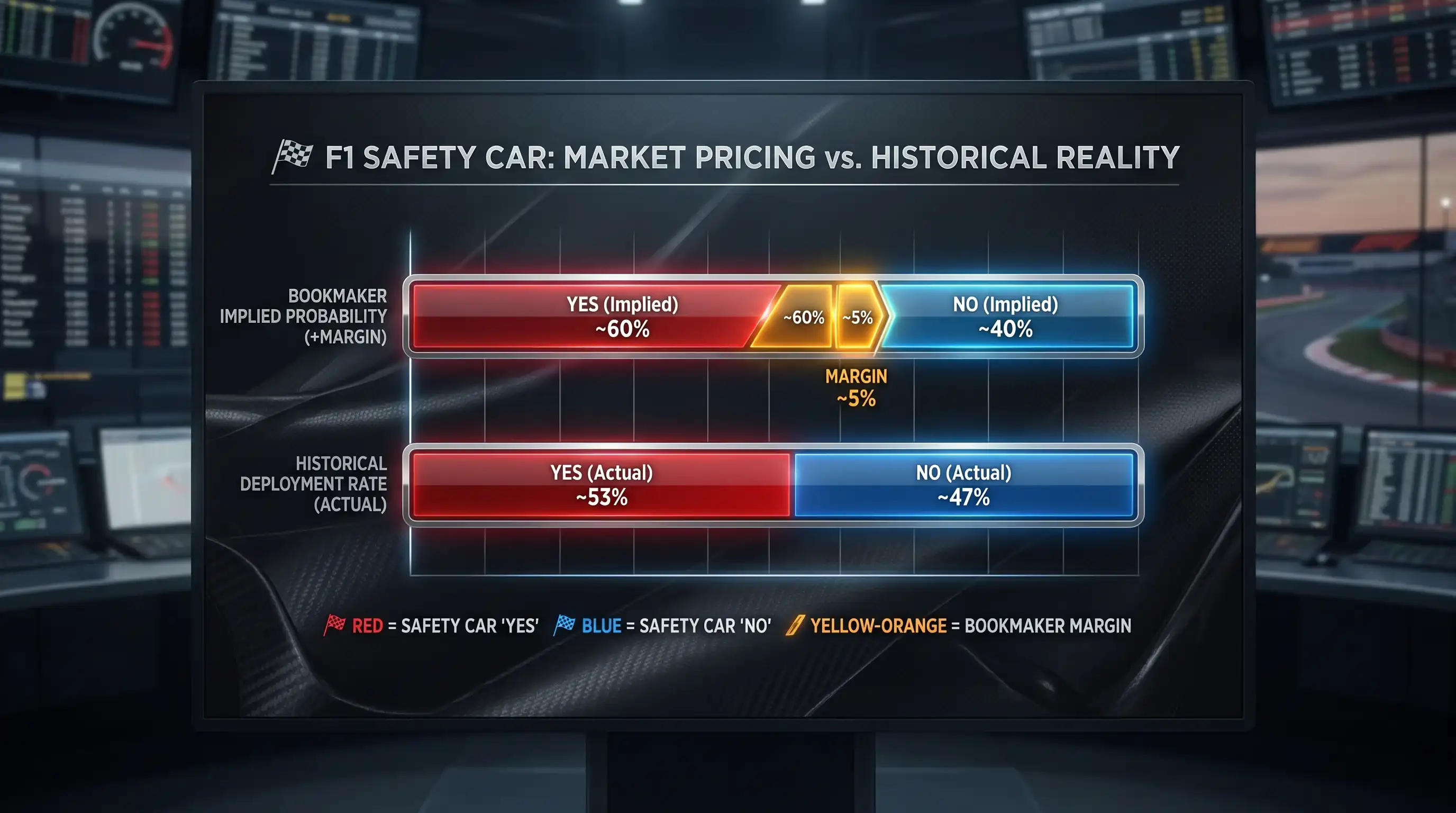 Binary yes-no safety car betting market showing implied probability versus historical deployment rate