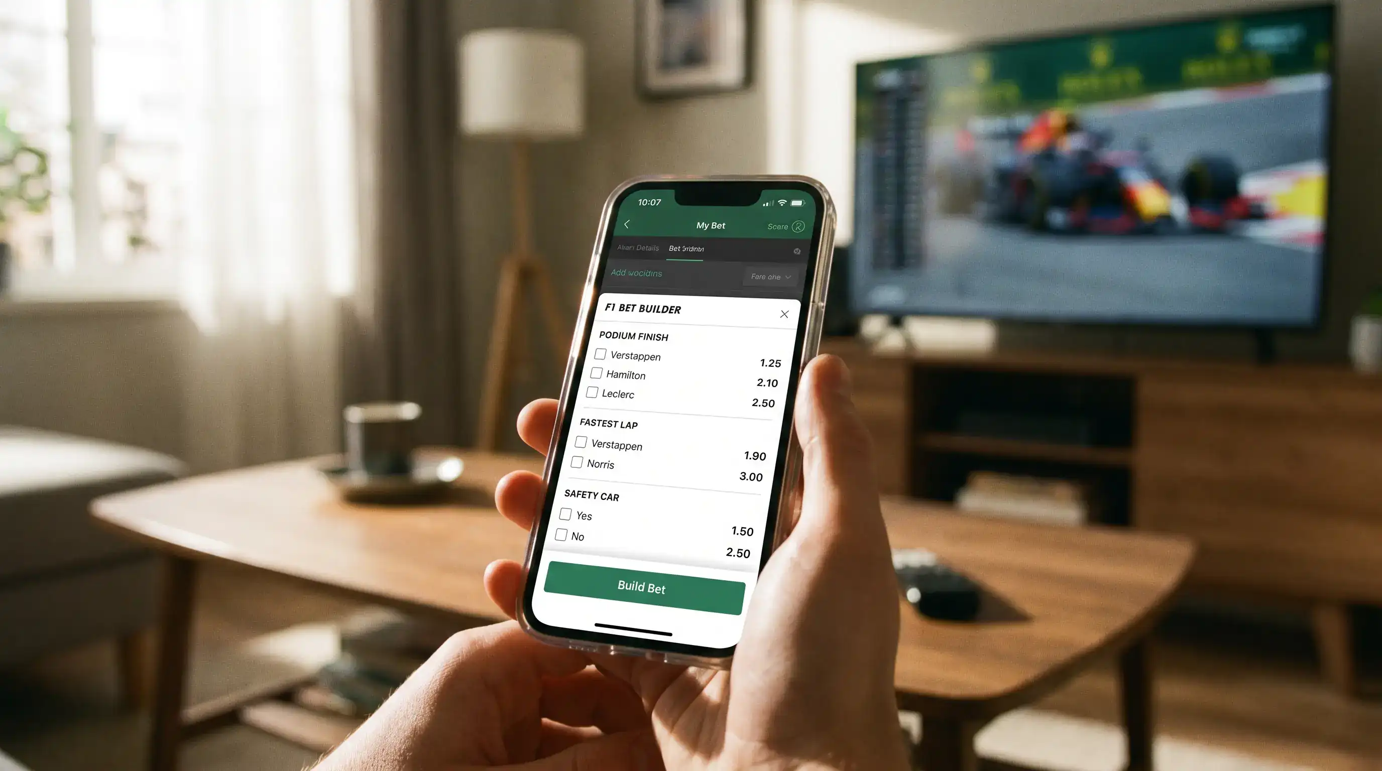 Available F1 bet builder combination options showing race winner podium and fastest lap pairings