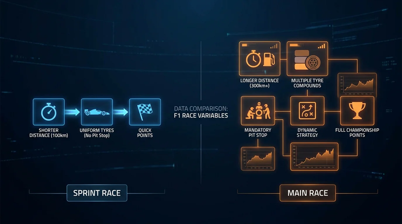 Comparison of strategy variables between F1 sprint and main race showing reduced complexity in sprints