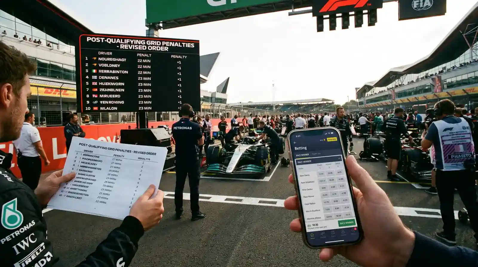Sunday morning F1 grid with post-qualifying penalties applied creating second-order market opportunities