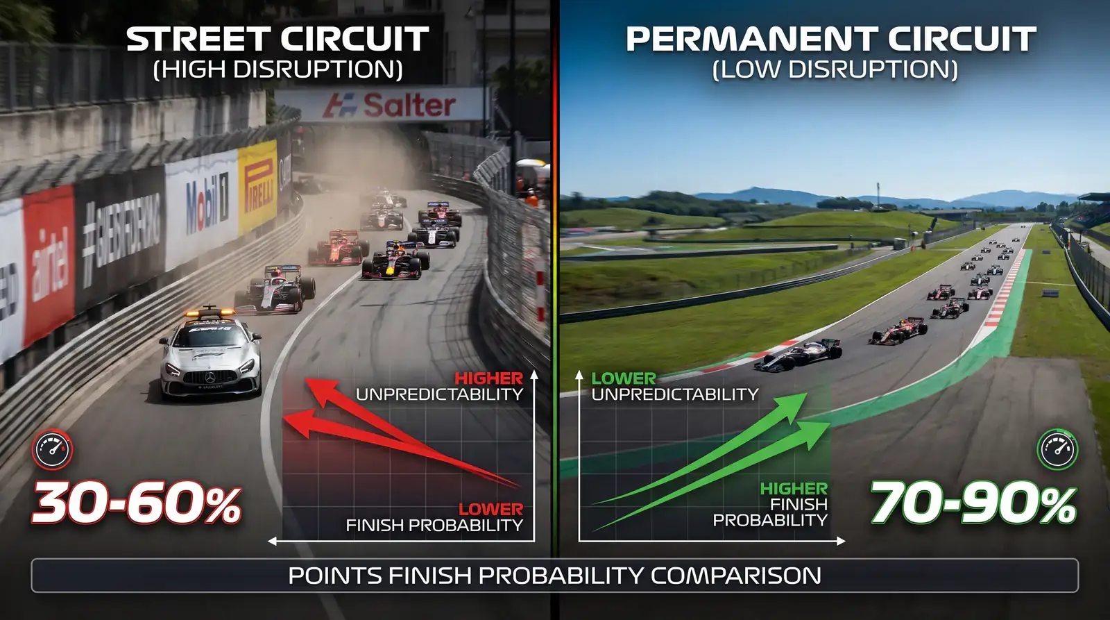 F1 twenty-car grid showing top-ten finish probability in clean race with few retirements expected