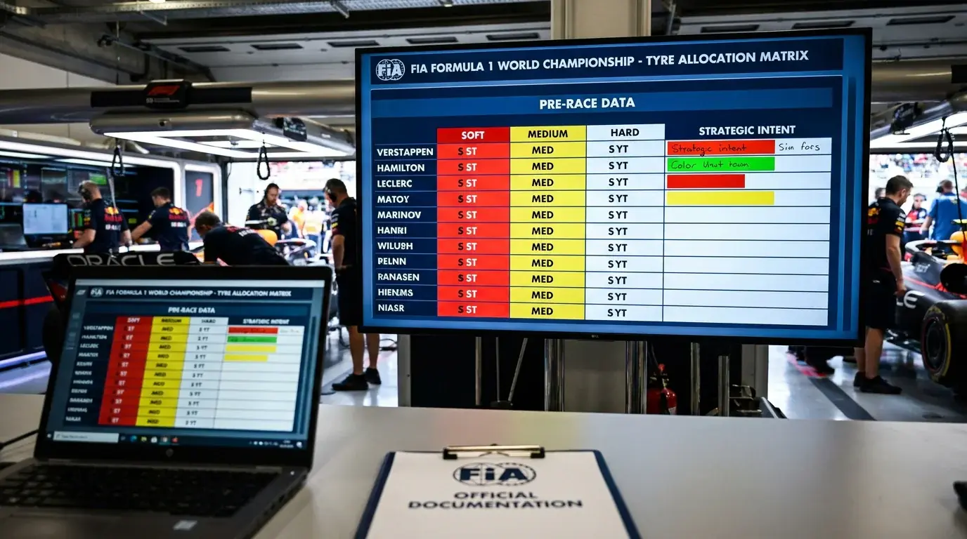 F1 pre-race tyre allocation showing each driver compound selection and strategic intent signals