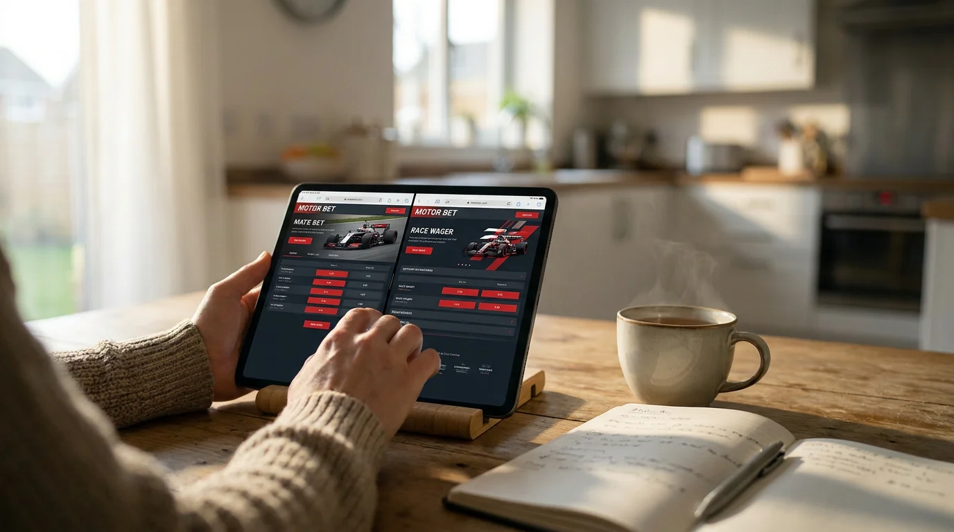 Person comparing F1 betting odds on a tablet showing multiple UKGC-licensed bookmaker websites