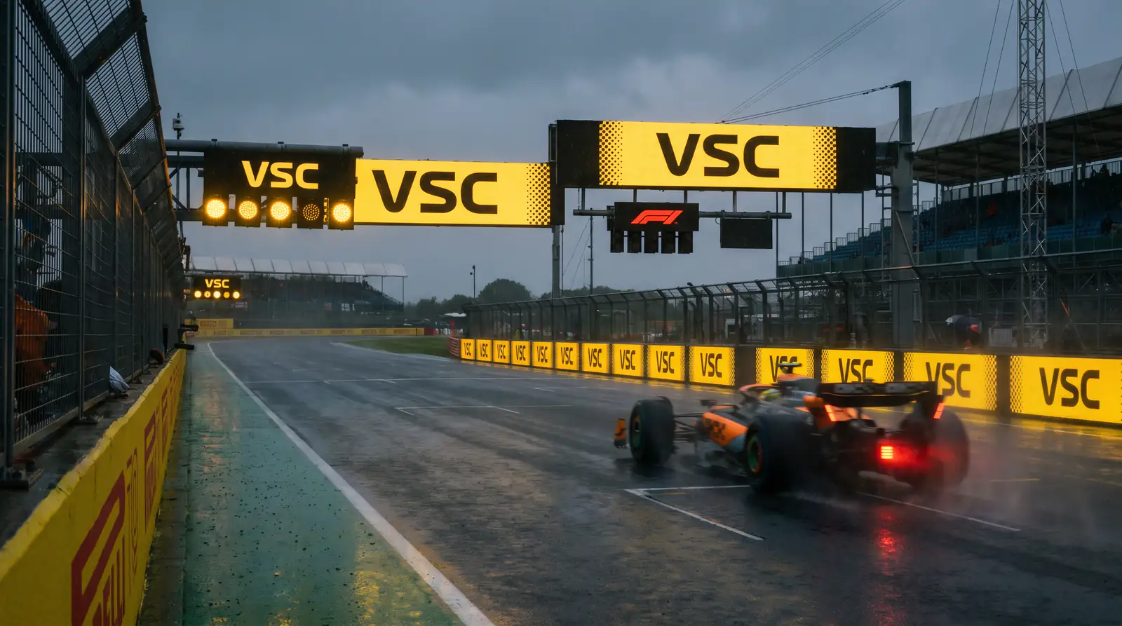 F1 virtual safety car LED panel versus physical safety car showing settlement rule differences