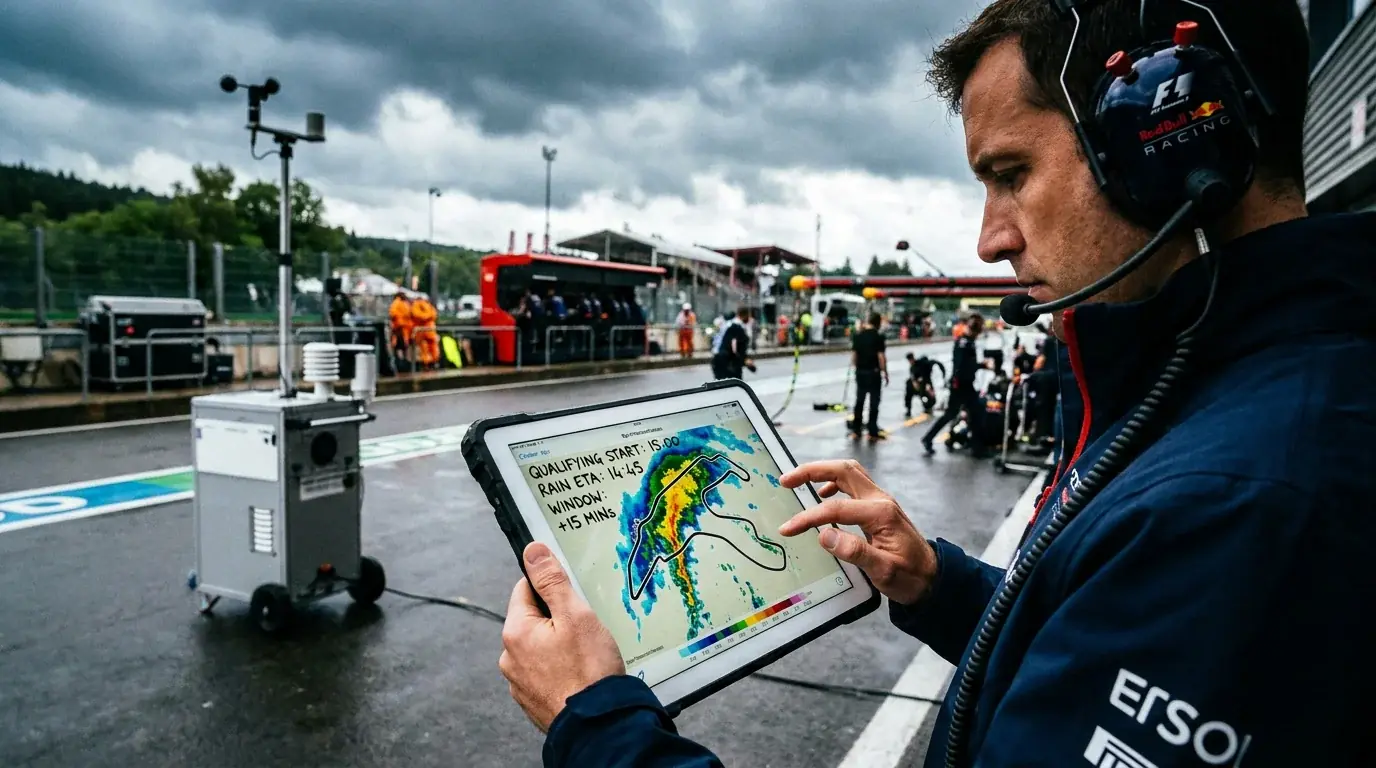 Weather radar showing approaching rain system near F1 circuit used to time pre-race betting decisions