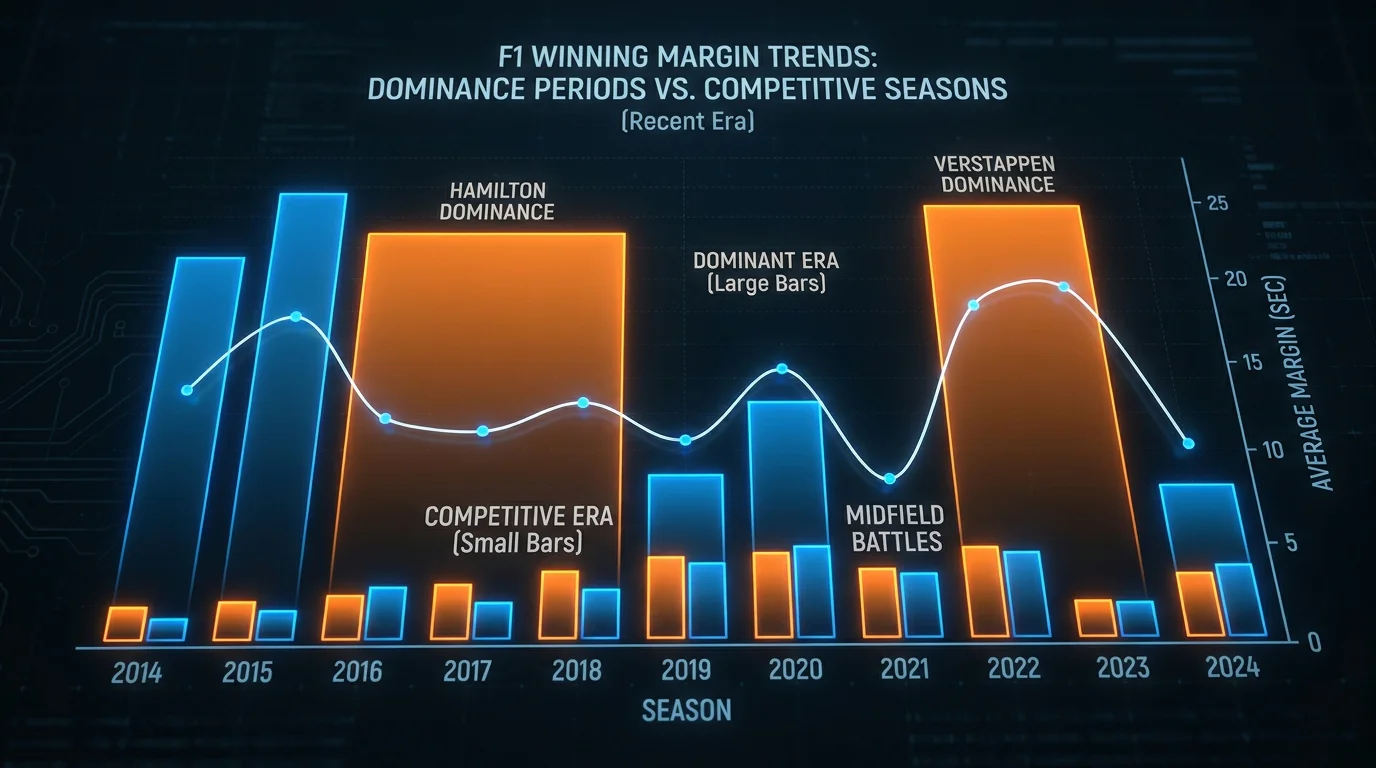 F1 winning margin trends across dominant and competitive eras showing gap size variation by season